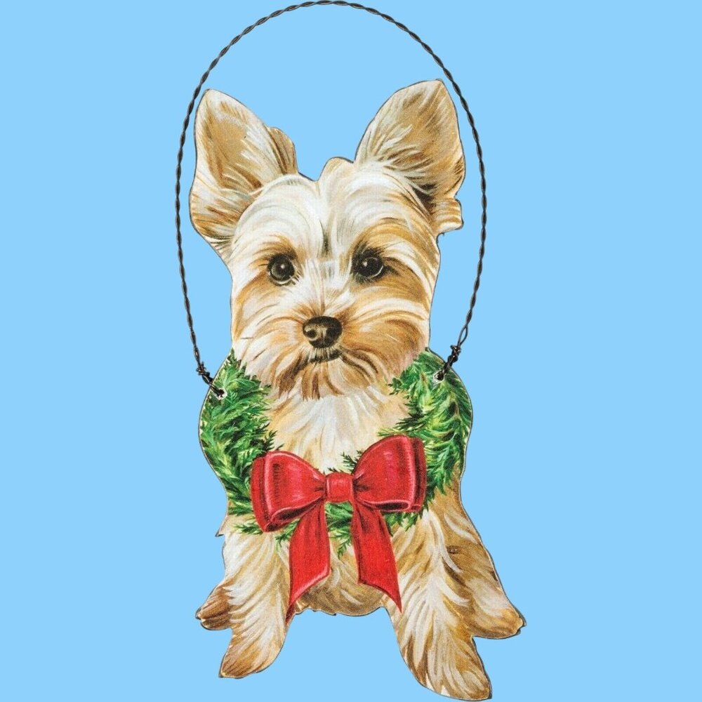 Yorkie Dog Christmas Ornament With Bow Wreath Design By Primitives By Kathy